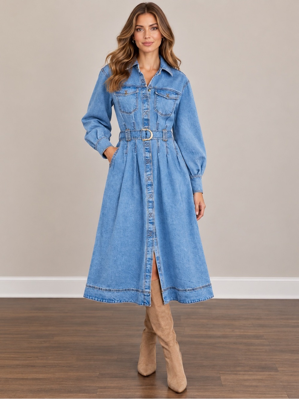 Aje Aradia Belted Denim Midi Dress Classic Wash Size US 8 NWT $525